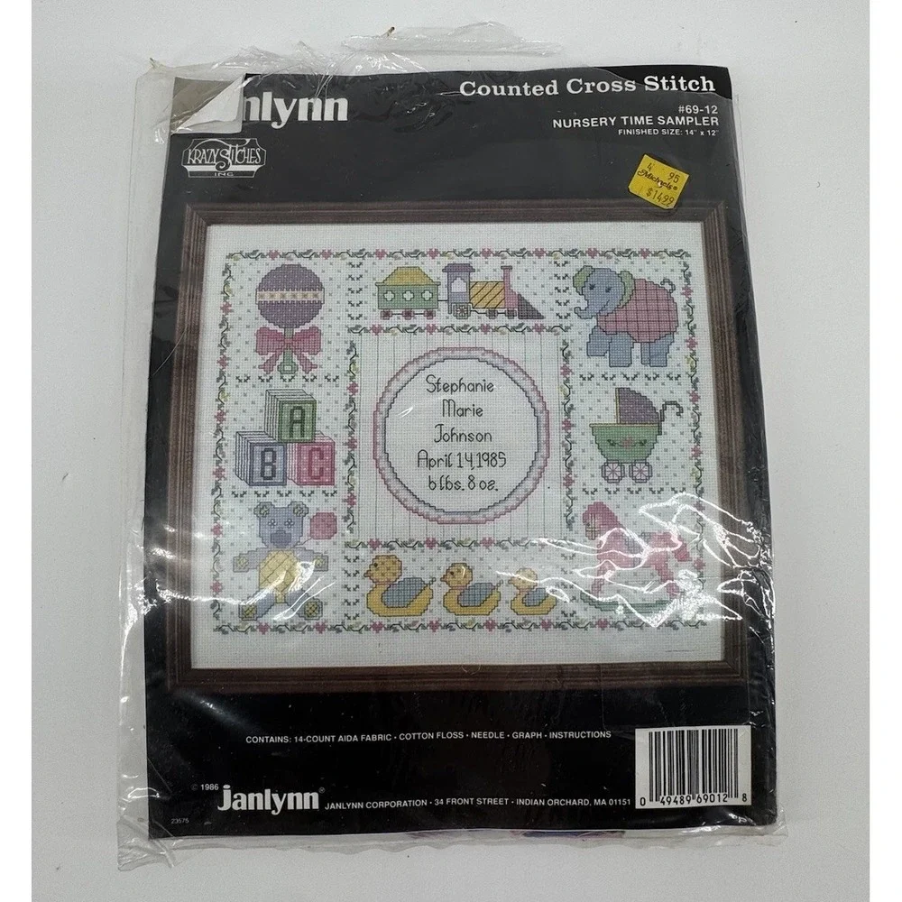 Vintage 1986 Janlynn Nursery Time Sampler Counted Cross Stitch Kit Open #69-12